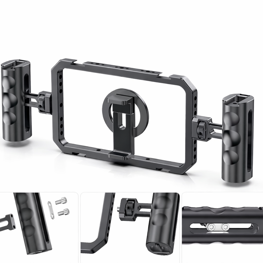 Camera cage with features highlighted on a white background